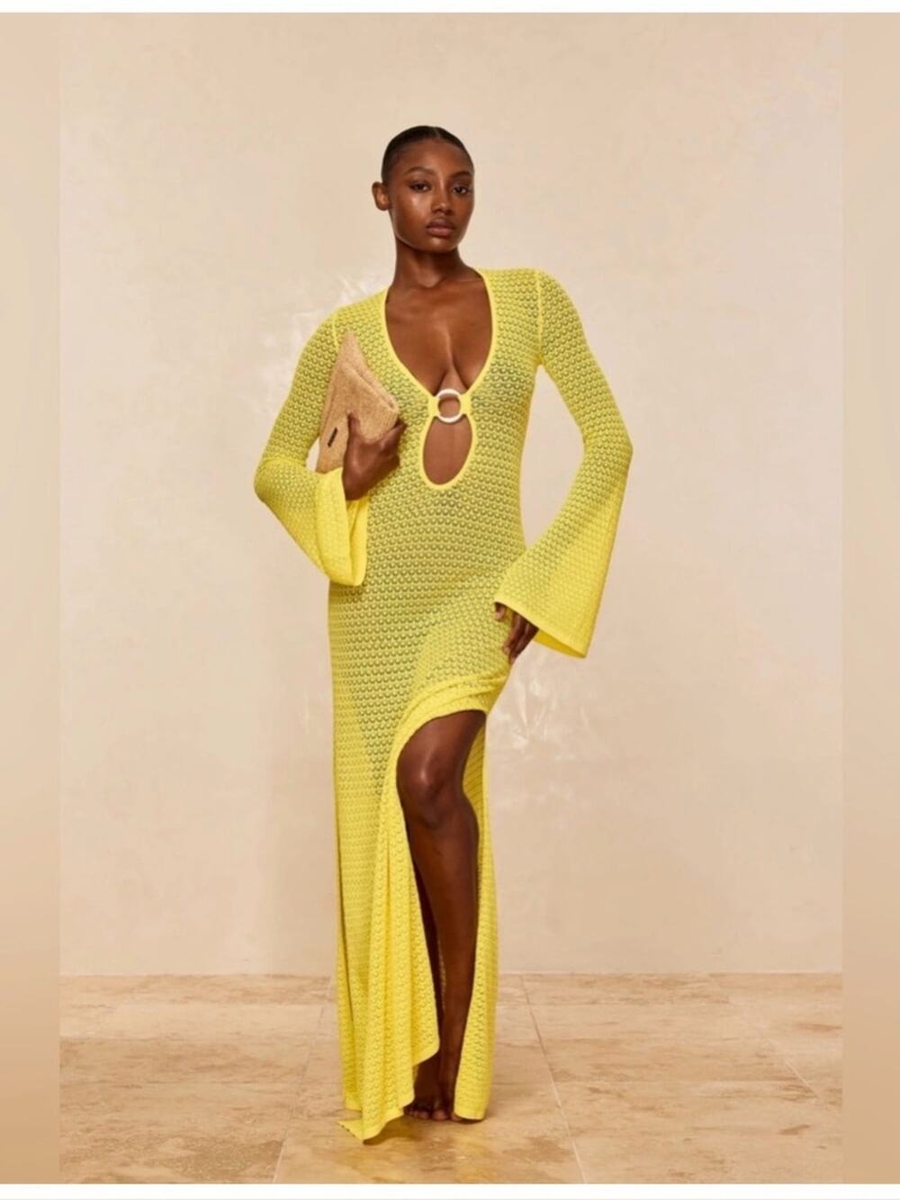 Monday Swimwear Montego Limoncello Lace Crochet Bell Sleeve Maxi Dress Size P